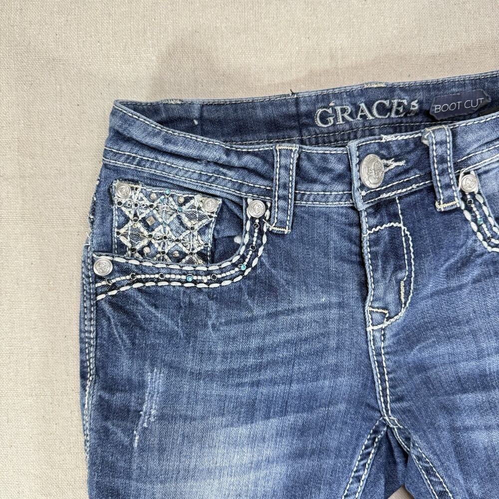 Grace Women's 27 Bootcut Jeans Medium Wash Embellished Rhinestone Flap Pocket - Picture 3 of 13